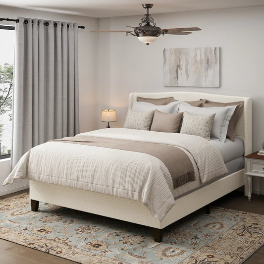 King Size Bed Frame:49.21" High Upholstered Headboard,27.17" Footboard,Teddy Velvet,12 Slats,Wood Feet,No Box Spring Needed(Whit