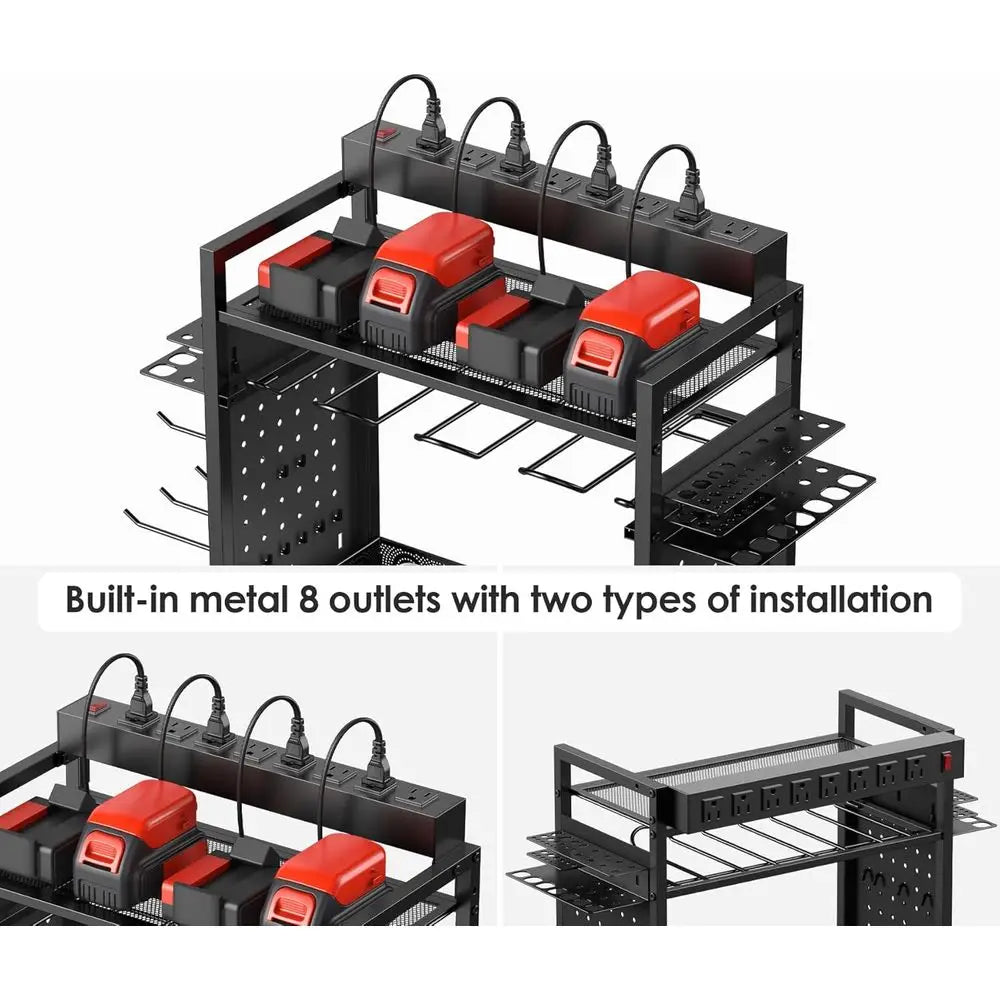 Black Rolling Garage Storage Cart with Power Tool Organizer and Charging Station for Mechanics