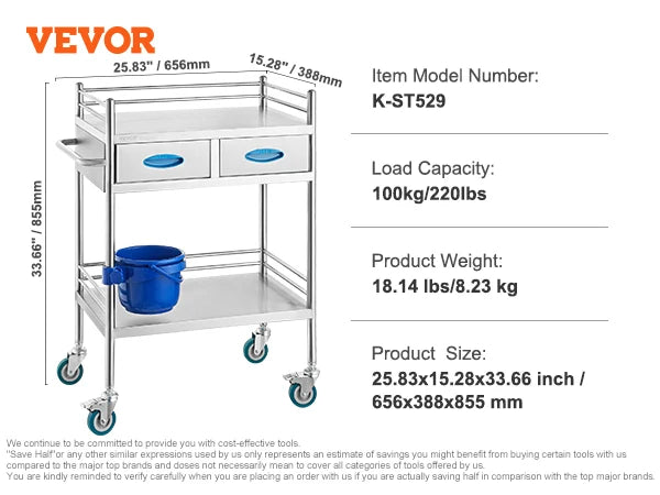VEVOR Lab Trolley 3-Layer Rolling Cart Metal Mobile Trolley  220 lbs Weight Capacity for Lab Clinic Beauty and Salon