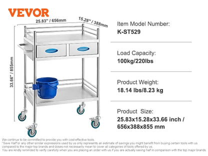 VEVOR Lab Trolley 3-Layer Rolling Cart Metal Mobile Trolley  220 lbs Weight Capacity for Lab Clinic Beauty and Salon