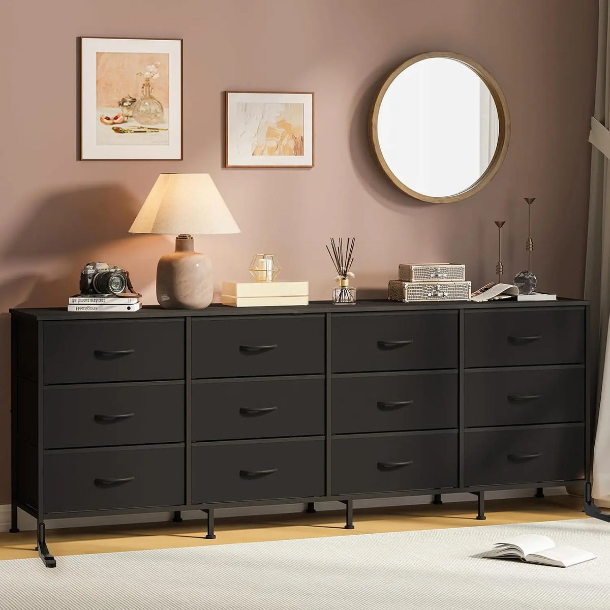 12 Drawer Dresser for Bedroom, 70” Long TV Stand for 65, 75, 80 Inch TV | Dresser with Charging Station, Large Entertainment Center for Living Room, Entryway