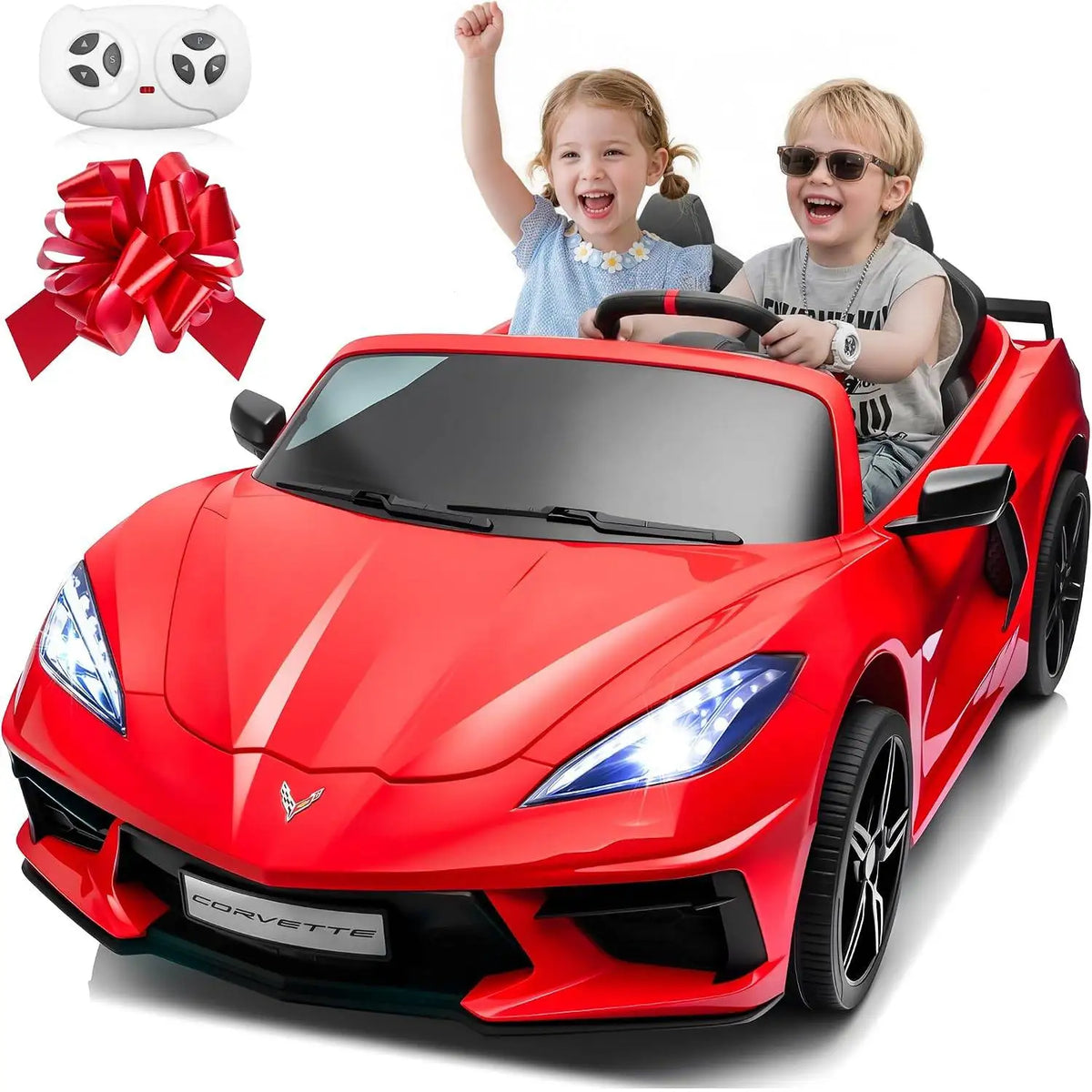 Licensed Corvette 24V Kids Ride On Car 4WD/ 2WD 2 Seater Electric Toy Vehicle, 4x200W Motors, Parent Remote Control, 10" Light Wheels, Dual Drive Modes, Bluetooth Music, XL Large Size Kids Ideal Christmas Halloween Gift for K