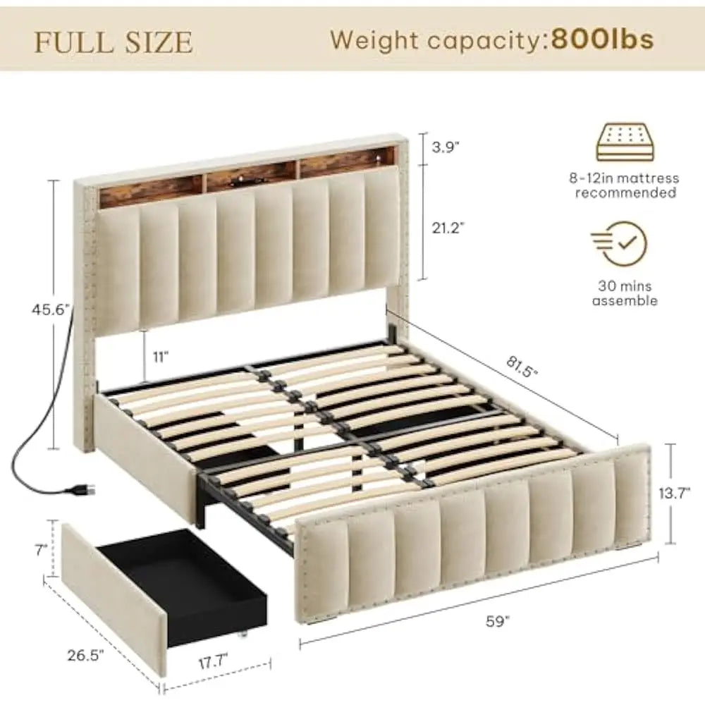 LED Full-KING Size Bed Frame with 4 Storage Drawers, Velvet Upholstered Platform Bed & Charging Station and Storage Headboard