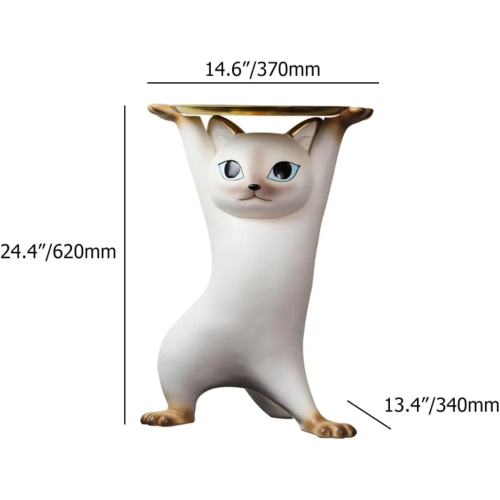 Whimsical Cat Statue Accent Table with Gold Tray, Resin Animal Side Table for Living Room, Bedroom, Entryway