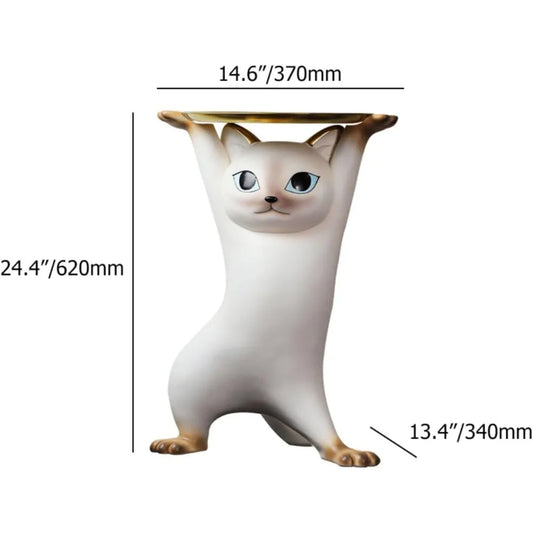 Whimsical Cat Statue Accent Table with Gold Tray, Resin Animal Side Table for Living Room, Bedroom, Entryway