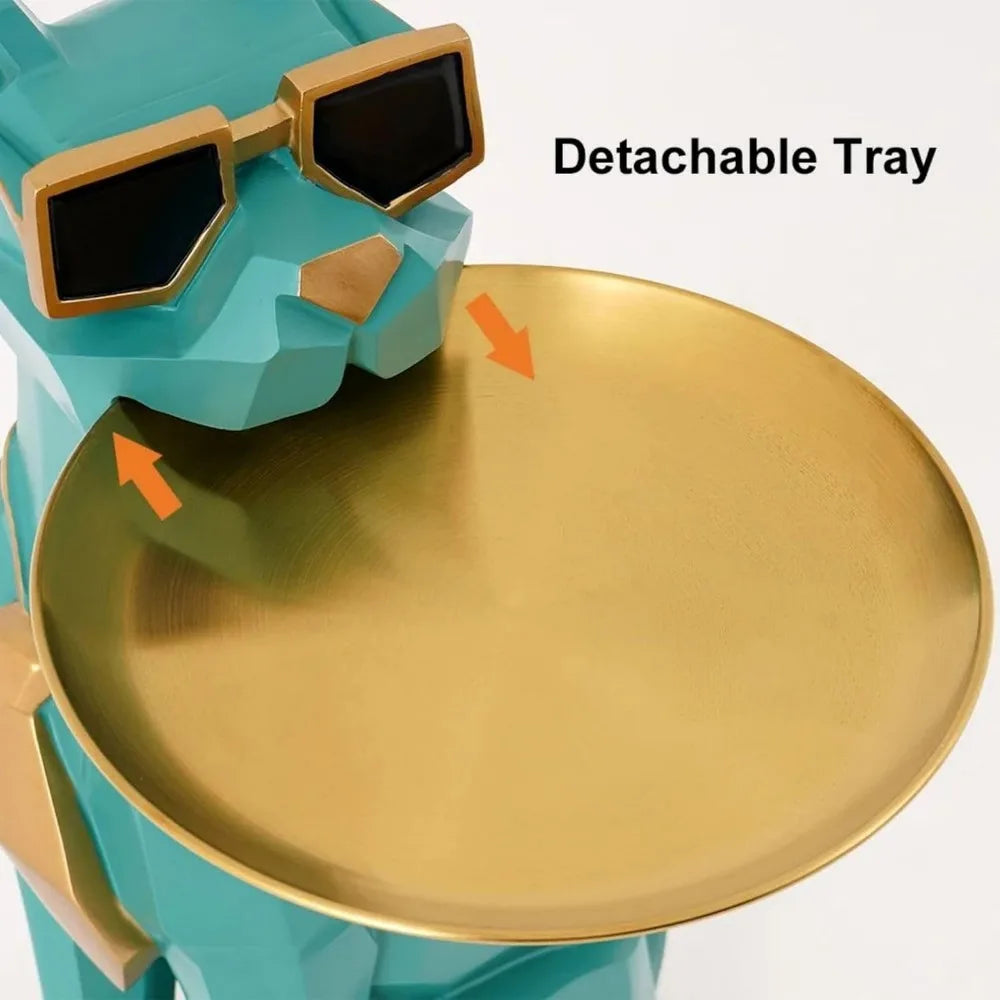 Resin Dog Sculpture Modern Geometric Standing Statue with Tissue Storage, Cute Side End Table Tray (Green)