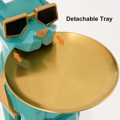 Resin Dog Sculpture Modern Geometric Standing Statue with Tissue Storage, Cute Side End Table Tray (Green)