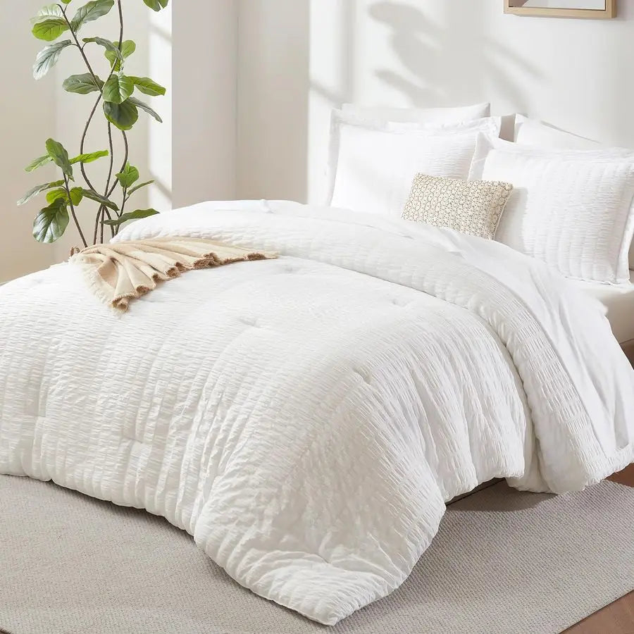 Queen Comforter Set White Seersucker 7 Pieces Bed in a Bag Queen Comforter Set with Sheets, Luxury Soft Bedding Set with Down Al