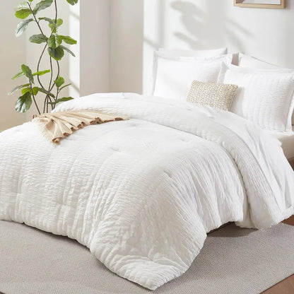 Queen Comforter Set White Seersucker 7 Pieces Bed in a Bag Queen Comforter Set with Sheets, Luxury Soft Bedding Set with Down Al