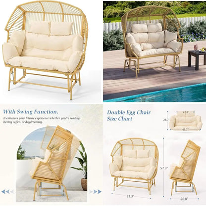 eco-friendly patio double egg chair, outdoor and indoor oversized loveseat, 2 person extra large wicker lounge rocking chairs