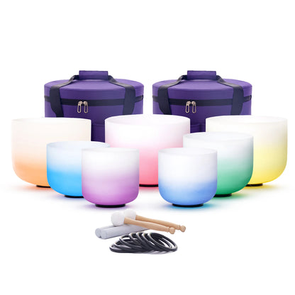 Hye-eun 7-12/6-12 Inch Crystal Singing Bowls Chakra Set of 7pcs with 2 Pcs Carrying Case for Yoga Musical Vibration Total 7 Pcs