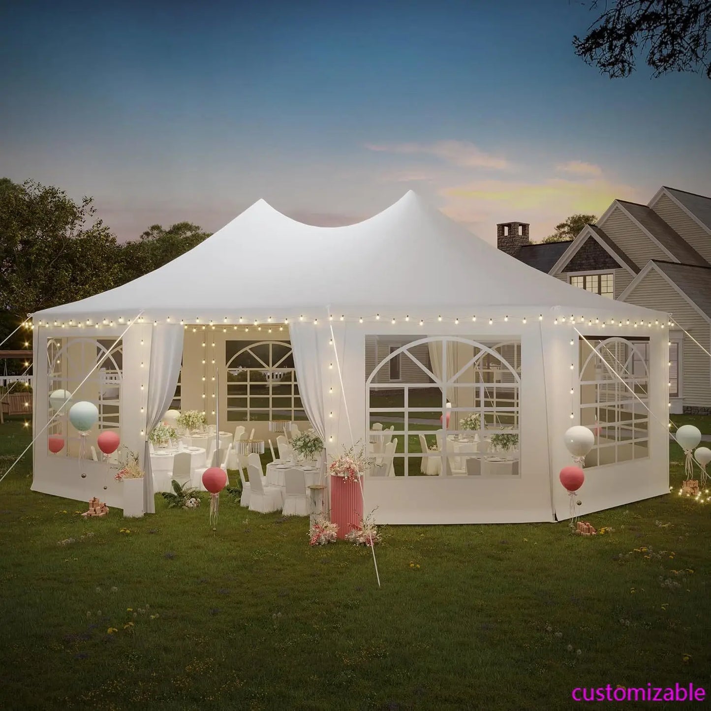 26x19ft Party Tent, White Wedding Tent, Decagonal Heavy Duty Canopy with 8 Removable Sidewalls, 8 Church Windows