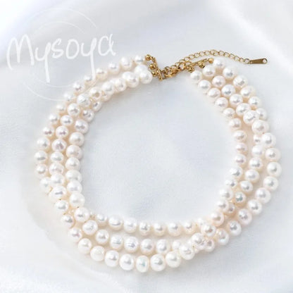 MYSOYA Classic White Freshwater Pearl Three-layer Necklace 6-7mm With Gift Box Birthday/ Wedding Gift For Her Christmas/New Year