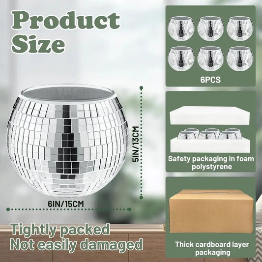 Set of 6 Silver Disco Vases, 5 x 6 Mirror Ball Planters, Glass Candle Holders, White Vases for Centerpieces, Party and Wedding D