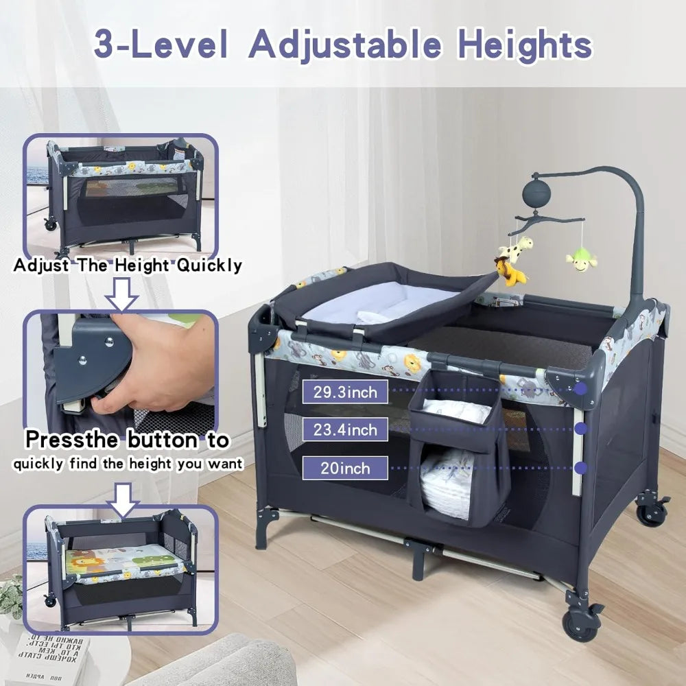 5-in-1 Baby Bassinet Bedside Crib, Pack and Play Long Next to Parents Bed Crib with Toys & Music Box, Mattress, Foldable Playard