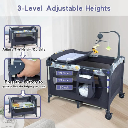 5-in-1 Baby Bassinet Bedside Crib, Pack and Play Long Next to Parents Bed Crib with Toys & Music Box, Mattress, Foldable Playard
