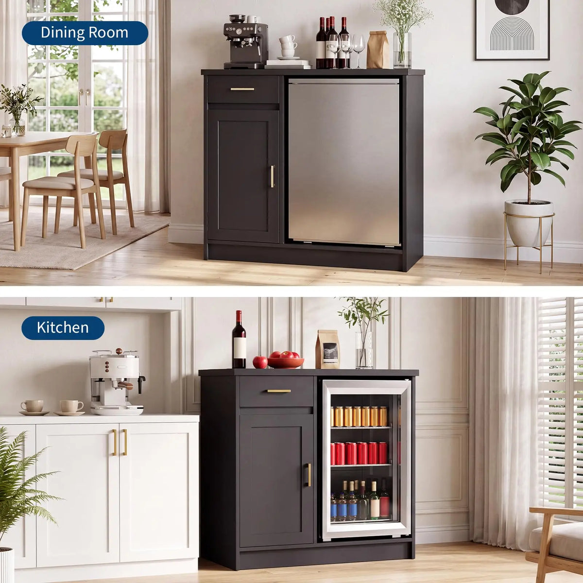 42in Farmhouse Wine Bar Cabinet For 24in Mini Fridge, Coffee Bar With 2 Outlets & 2 USB, Drawer Door Storage Sideboard