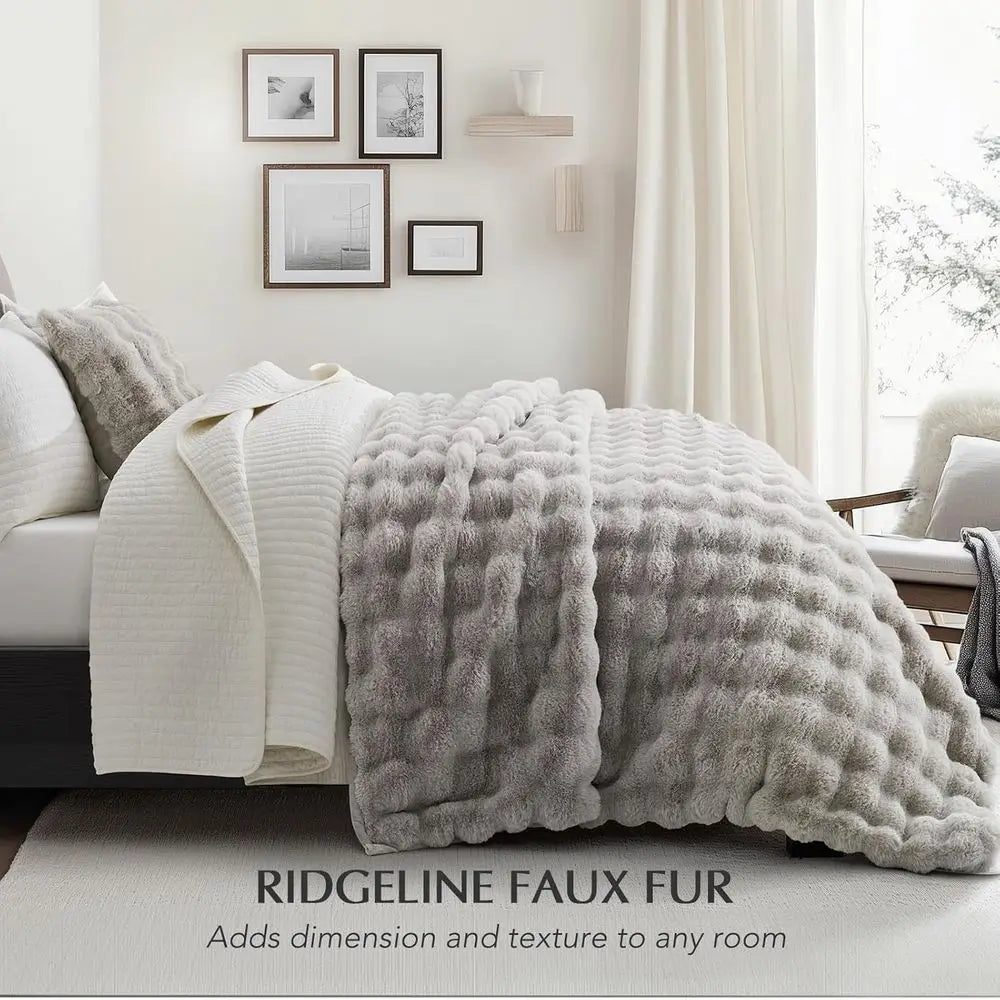 Soft Luxury Fluffy Faux Rabbit Fur Throw Blanket, Thick Warm Bubble Throw for Bed, Cozy Plush Reversible Blankets for Couch, Cha