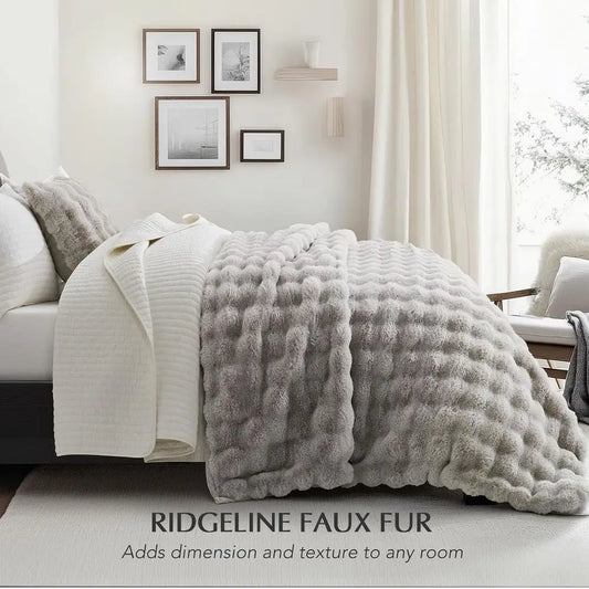 Soft Luxury Fluffy Faux Rabbit Fur Throw Blanket, Thick Warm Bubble Throw for Bed, Cozy Plush Reversible Blankets for Couch, Cha
