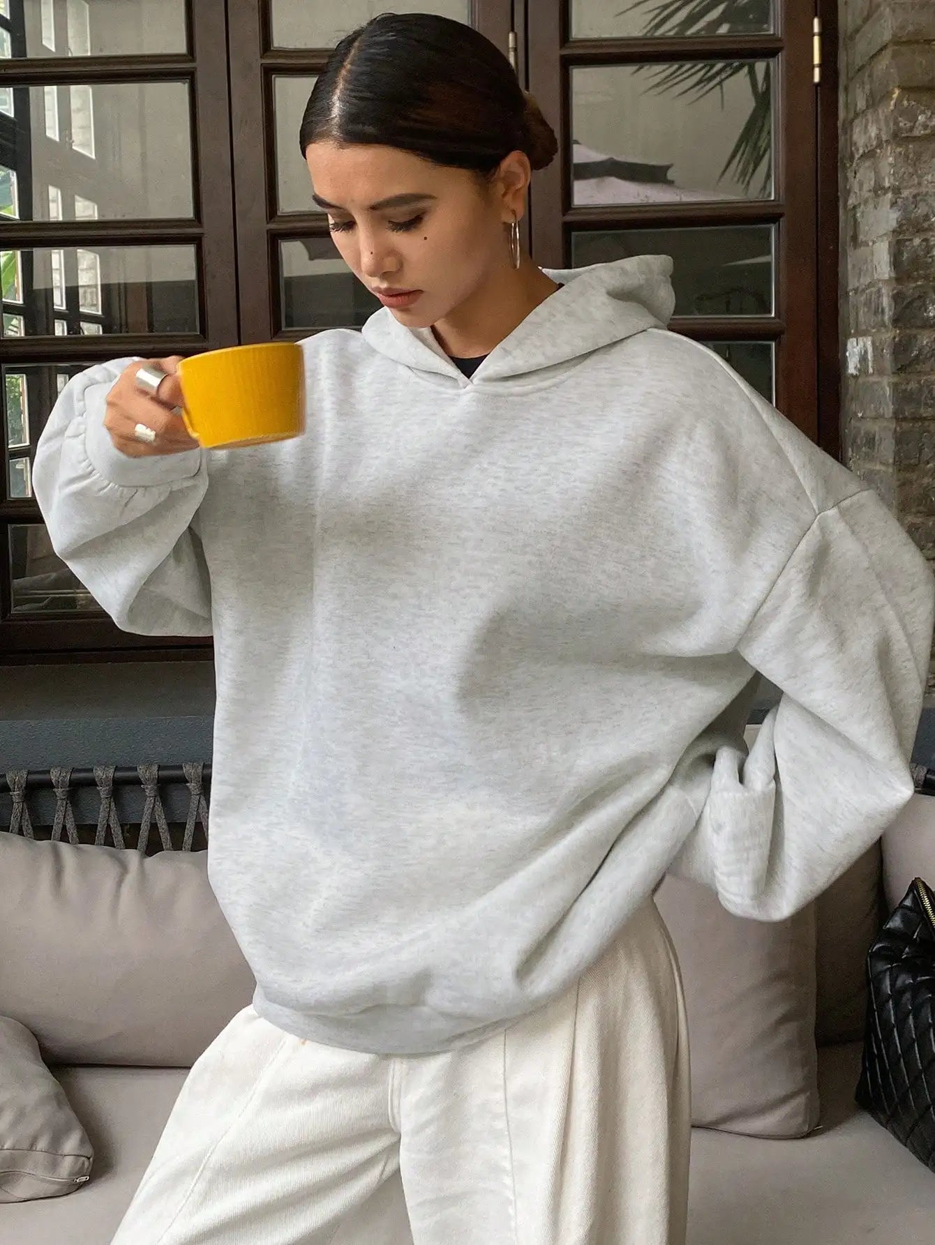 DAZY Women's Oversized Hoodie with Thermal Lining, Solid Gray Casual Sweatshirt for Fall Winter