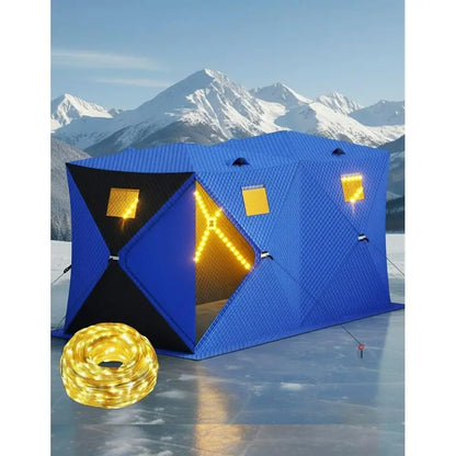 4-8 Person Insulated Ice Fishing Tent with 49ft LED Light, Waterproof, Portable, 3-Layer Shelter, 2 Doors, Anchors, Ropes, and C