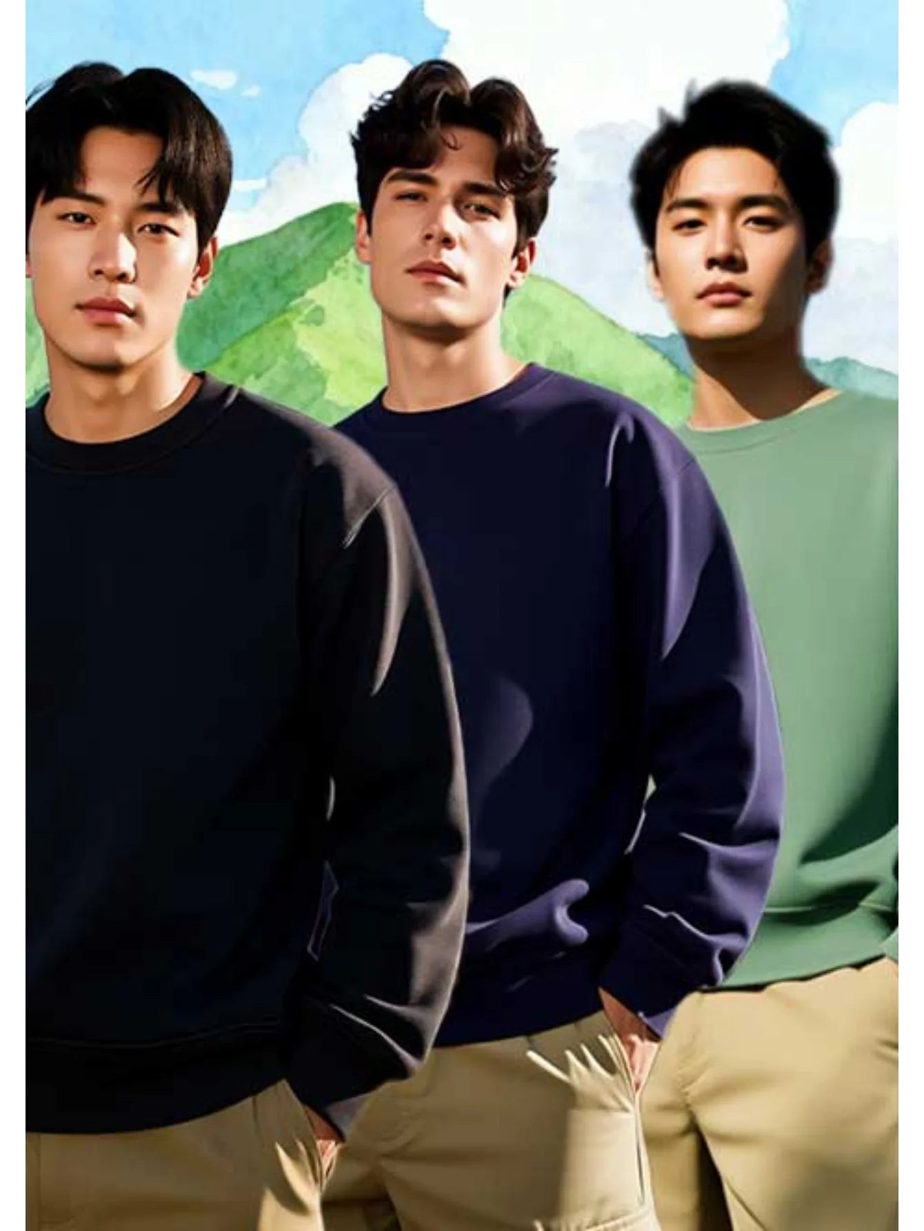 Three piece men's classic round neck sweatshirt set made of cotton blend, soft and comfortable, warm and perfect for daily