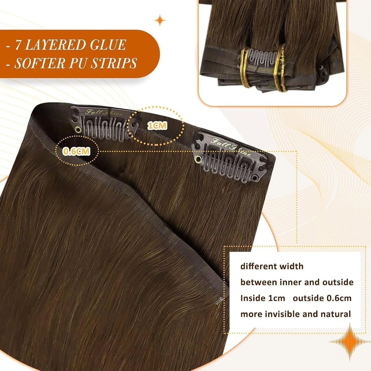 Full Shine Seamless Invisible Clip in Extensions Human Hair 8 Pcs Remy Straight Hair for Women