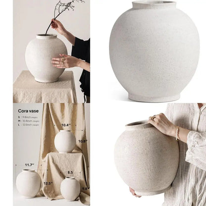 Large 12.5 Round White Ceramic Floor Vase for Centerpieces, Rustic Minimalist Decor