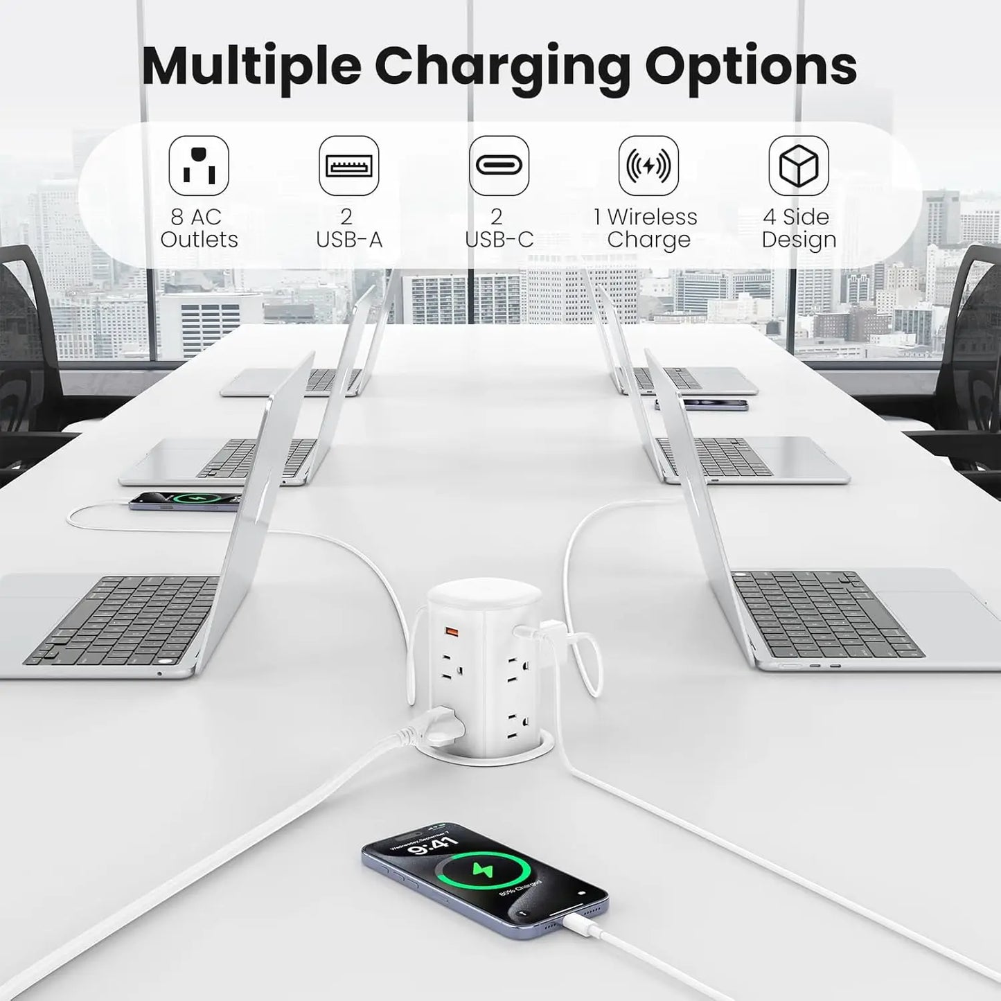 Pop-Up Countertop Outlet with 15W Wireless Charger, 4 USB Ports, 8 AC Sockets, Space-Saving Design for Kitchen & Office