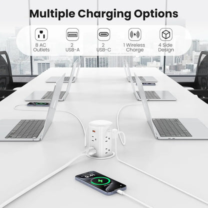 Pop-Up Countertop Outlet with 15W Wireless Charger, 4 USB Ports, 8 AC Sockets, Space-Saving Design for Kitchen & Office
