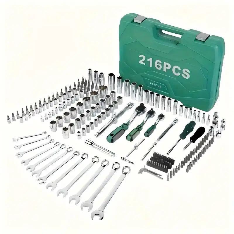 High End Professional 216 Tool Set, 1/4" 3/8" 1/2" Drive Depth, Ratchet Wrench Set, CR-V Material, Automotive Parts Repair Quick Ratchet Wrench and Other Automotive Repair Parts, Professional Racing Grade Repair Tool Set