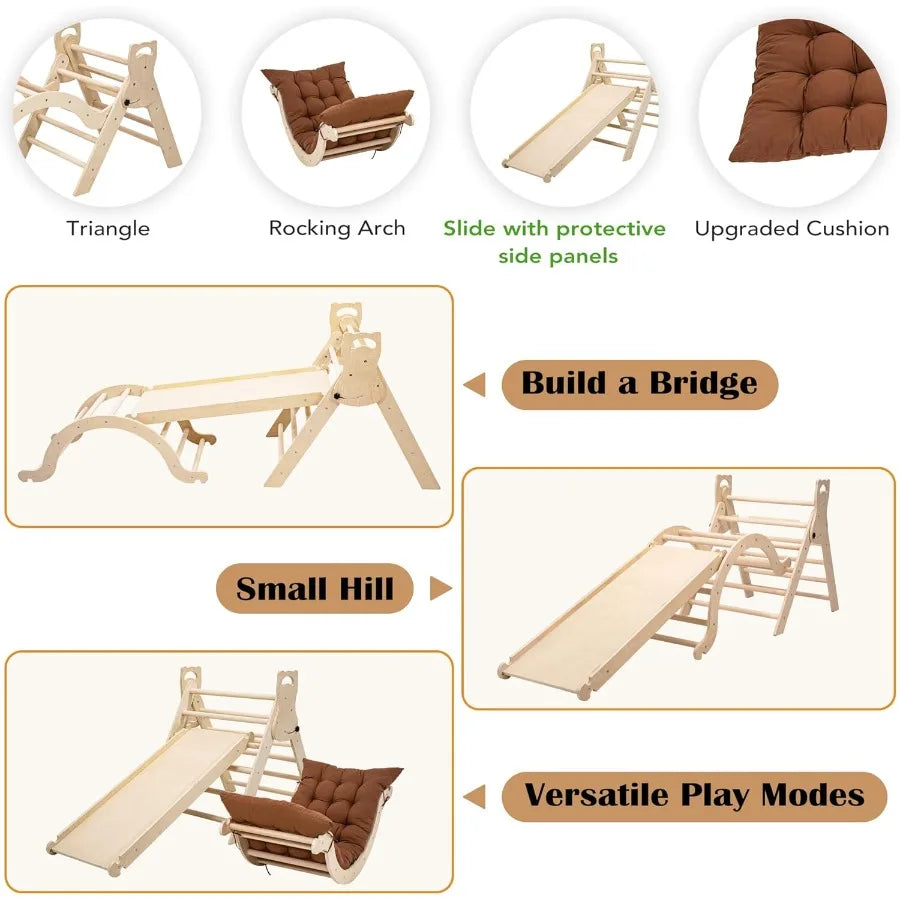Large Foldable Toddler Climbing Toys Indoor Jungle Gym Pikler Triangle Set with Cushion Slide and Arch 7in1 Montessori Climbing
