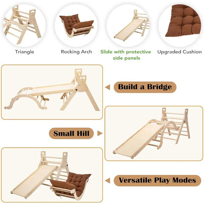 Large Foldable Toddler Climbing Toys Indoor Jungle Gym Pikler Triangle Set with Cushion Slide and Arch 7in1 Montessori Climbing