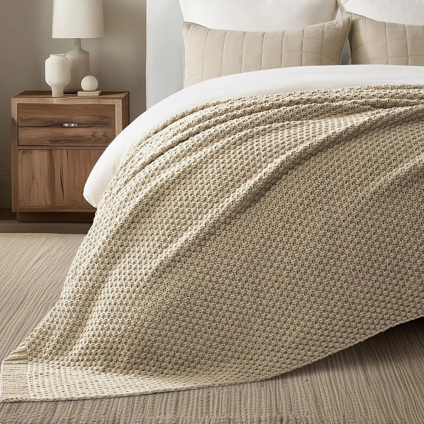 Chunky Chenille Knit Throw Blanket, Soft Oversized King Moss Stitch for Bed Couch Sofa, Sand Dune 92x108