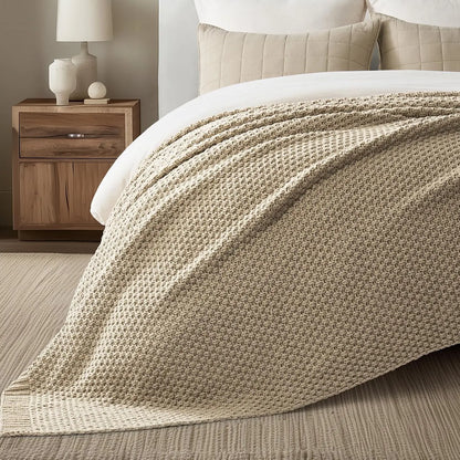 Chunky Chenille Knit Throw Blanket, Soft Oversized King Moss Stitch for Bed Couch Sofa, Sand Dune 92x108