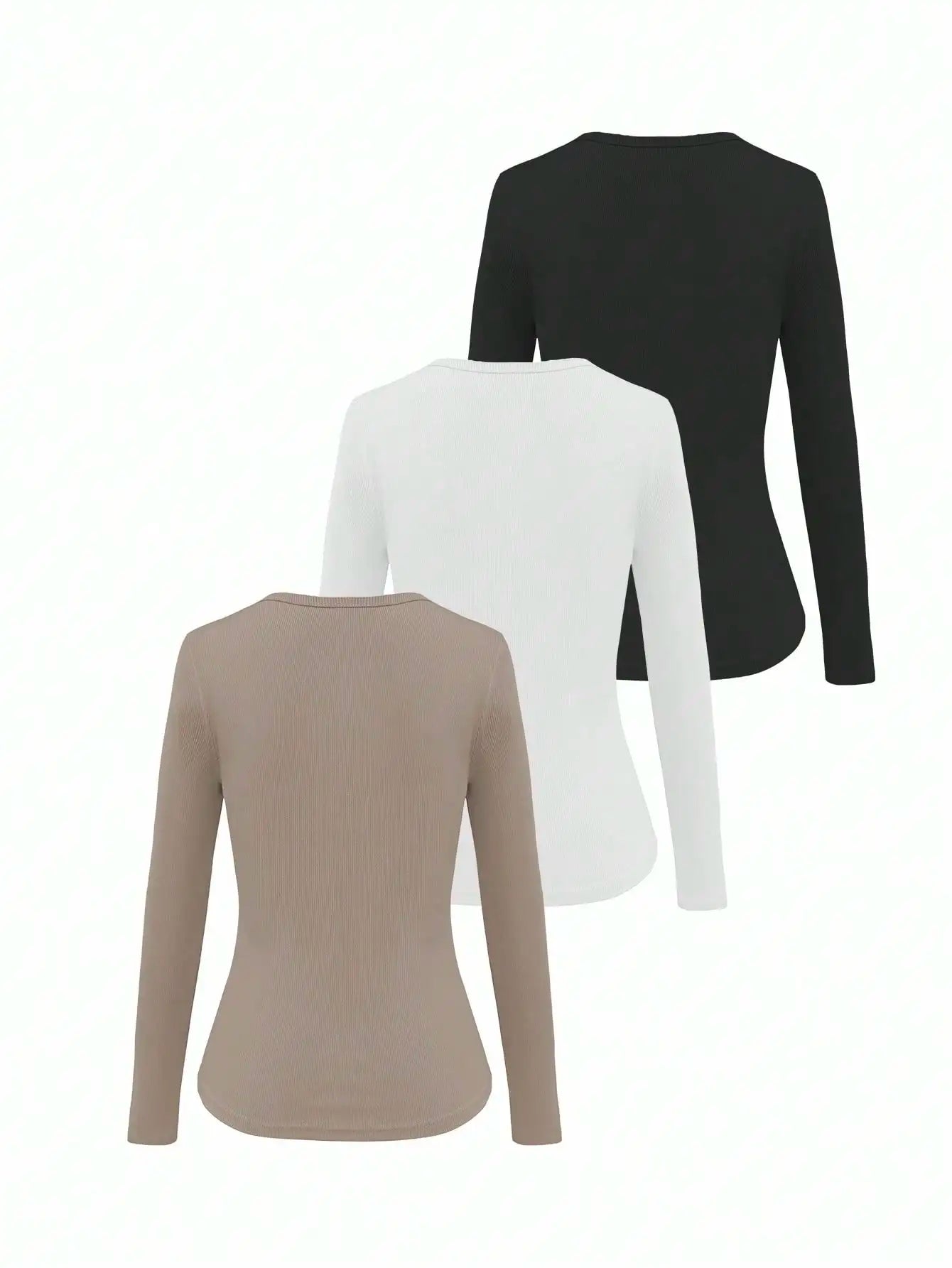 3pcs Women's Solid Ribbed Long Sleeve Crew Neck T-Shirts for Casual Wear