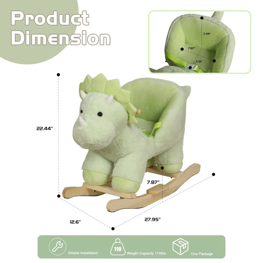 Green Kids Dino Rocking Toy: Lullaby, Safety Belt, Soft Plush, Puppets, CPC Certified 1-3 Yrs