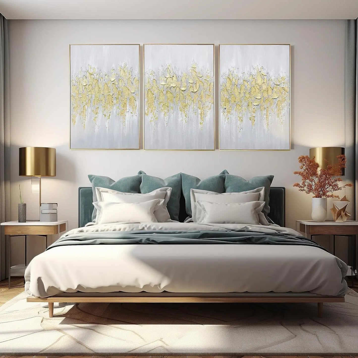 Abstract Gold Wall Art Set of 3 Hand-Painted Canvas Panels for Living Room Bedroom Modern Decor