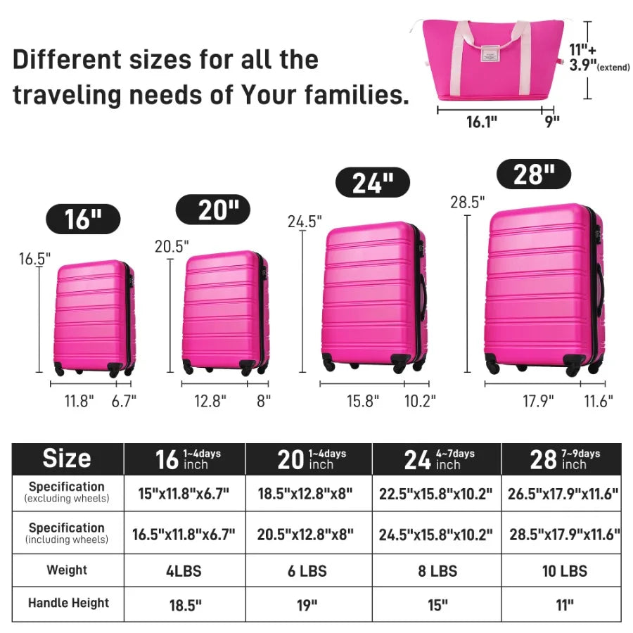 Hardshell Luggage Sets 4 Pcs - Bag Spinner Suitcase With TSA Lock Lightweight-16-20-24-28 Luggages