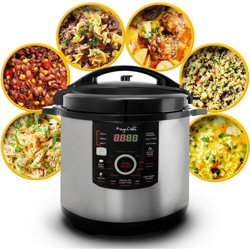 MegaChef 12 Quart Digital Pressure Cooker with 15 Preset Options and Glass Lid, Silver