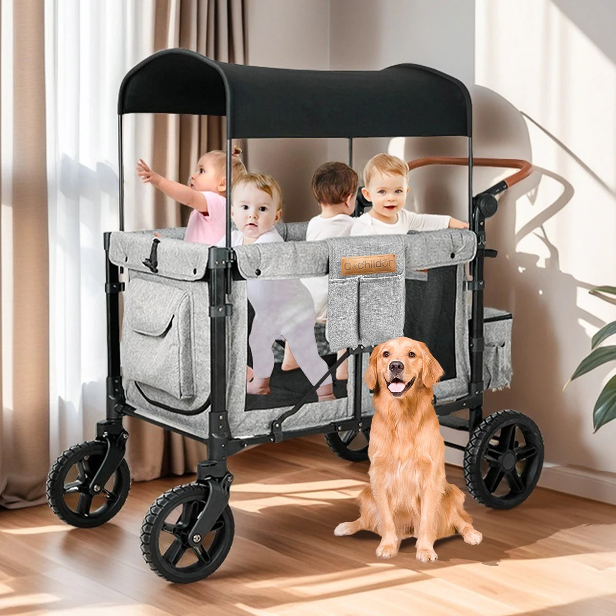 Foldable baby stroller, suitable for 4 children,portable outdoor camping vehicle,detachable roof, storage vehicle, autumn travel