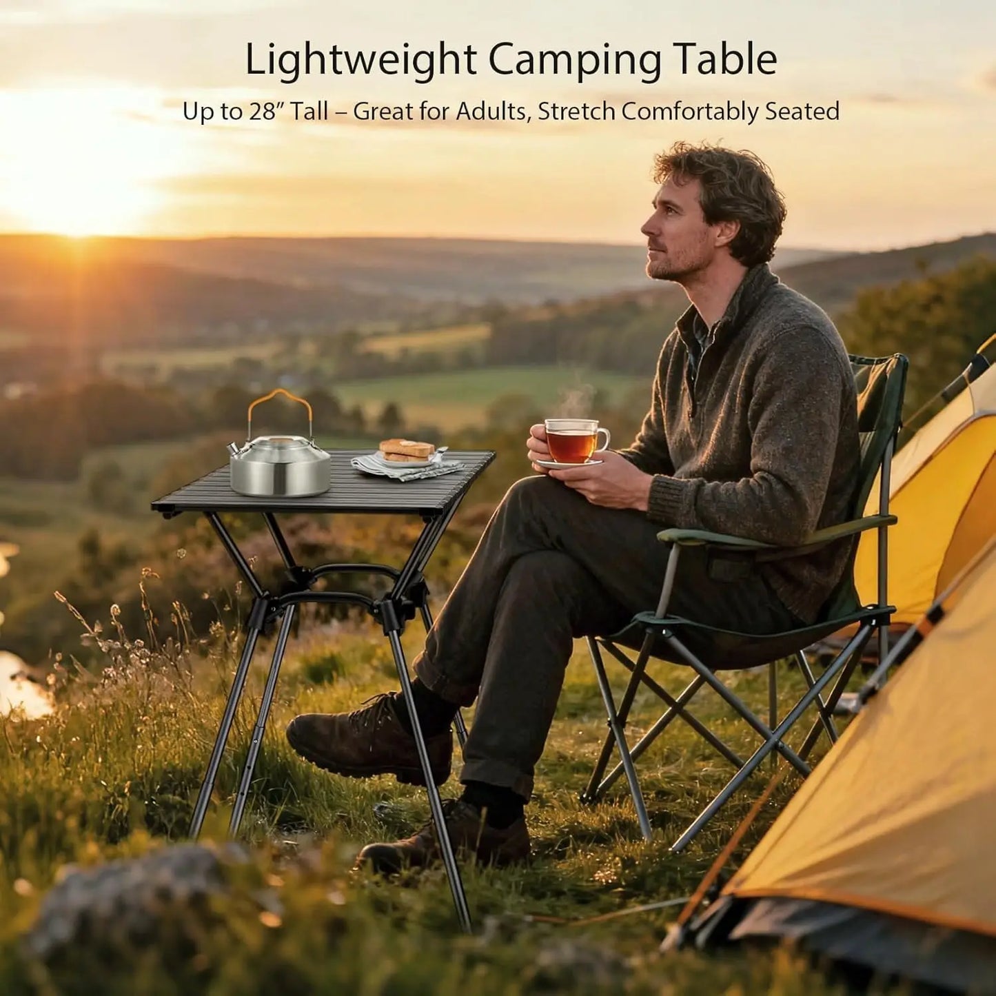 3ft Foldable Aluminum Camping Table, 4 Height Settings, Waterproof, Black, 35' x 16', with Carrying Bag