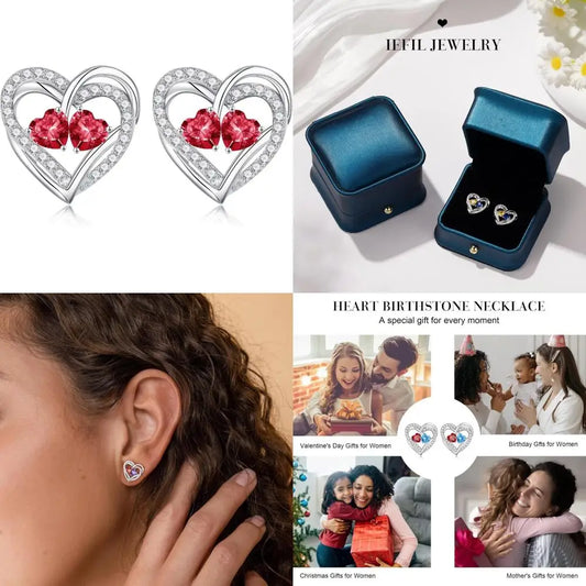Sterling Silver Double Birthstone Earrings, Heart Studs, Perfect Anniversary Birthday Gifts for Women, Celebrate Special Occasio