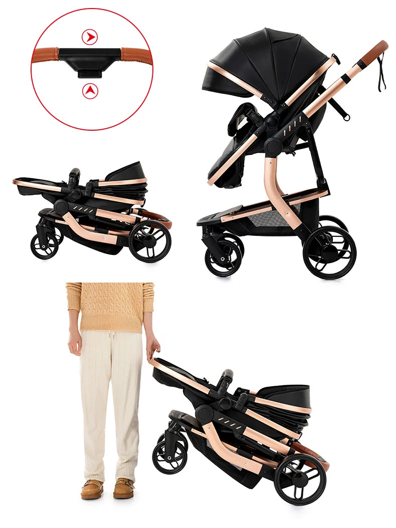 PU Leather Baby Stroller 2 in 1 Newborns Travel System Carriage Luxury Compact Baby Cars Pram without Car Seat Watertight Buggy