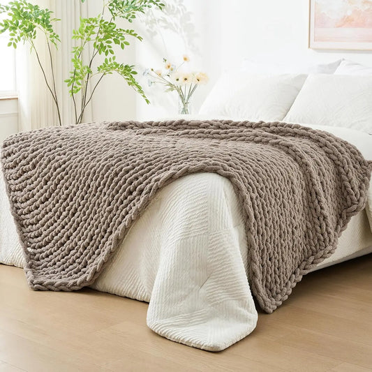 Chunky Knit Throw Blanket, 60x80 Inches, Hand-Knitted with Thick Chenille Yarn, Cozy Soft for Couch and Bed in Taupe