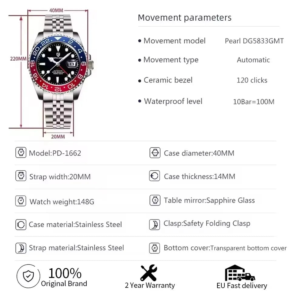 2026 PAGANI DESIGN 40 GMT WATCH Pepsi Cola Tone Men Mechanical Watch Jubilee Strap Sapphire Glass 100M Waterproof Stainless Steel Automatic Men Watch Gift Watches