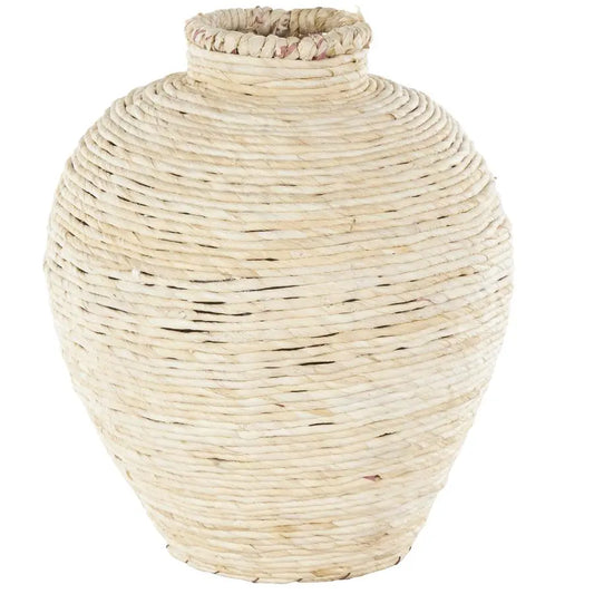 Bamboo Wood Handmade Decorative Vase Wrapped Pot Centerpiece Vase, Vase for Home Decoration 11 x 11 x 14, Cream