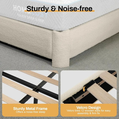 Full Size Boucle Bed Frame, Upholstered Cloud Bed Frame with Headboard, Soft Rounded Corners, No Box Spring Required, Adjustable