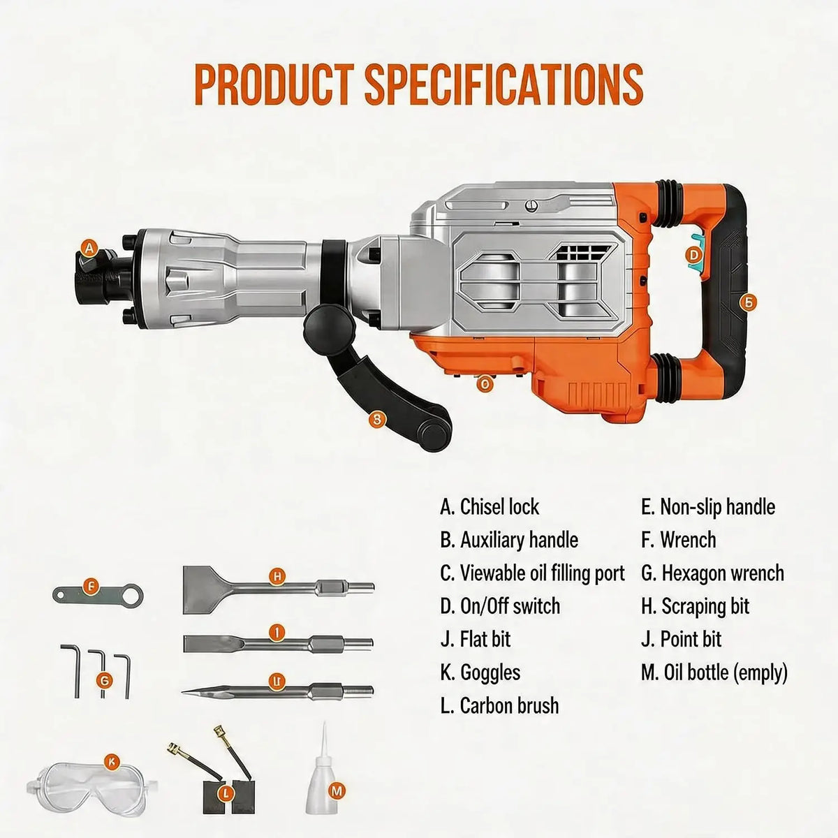 1700W Electric Demolition Jackhammer, 1900 BPM Heavy Duty Concrete Breaker, 60J Impact Energy, Anti-Vibration, 360° Handle, Carrying Case, 3 Chisels