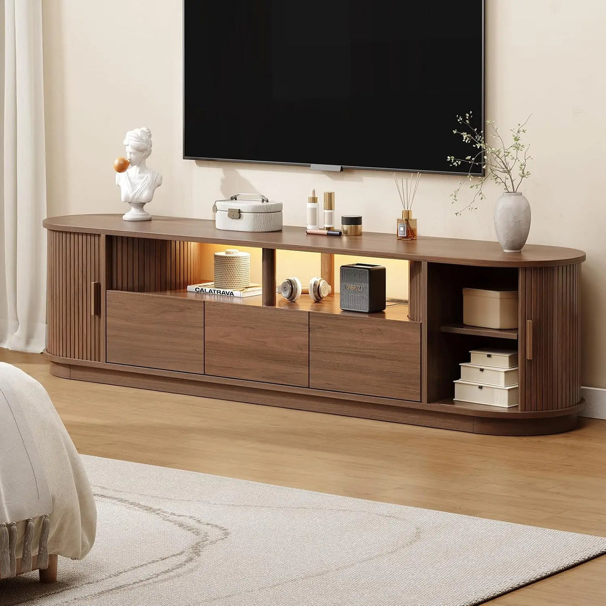 71" TV Stand with Power Outlet, 3 RGB LED Lights, for 85" TVs - 3-Drawer Mid Century Modern Entertainment Unit w/ Adjustable Shelf & Sliding Door Cabinet